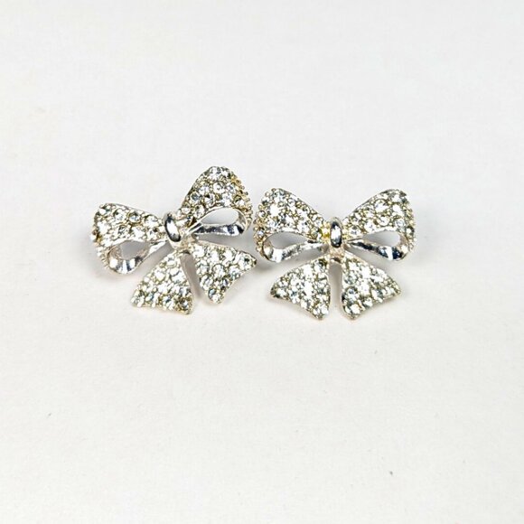 Rhinestone Silver Bow Stud Post Fun Fashion Earrings - Picture 6 of 11